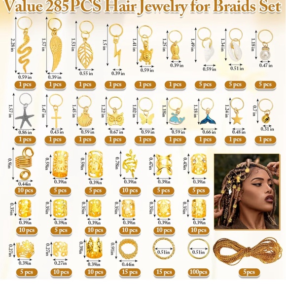 285-Piece Gold Hair Jewelry Set | Braid Cuffs, Charms, Rings, Coils & Shells | L - Picture 3 of 3